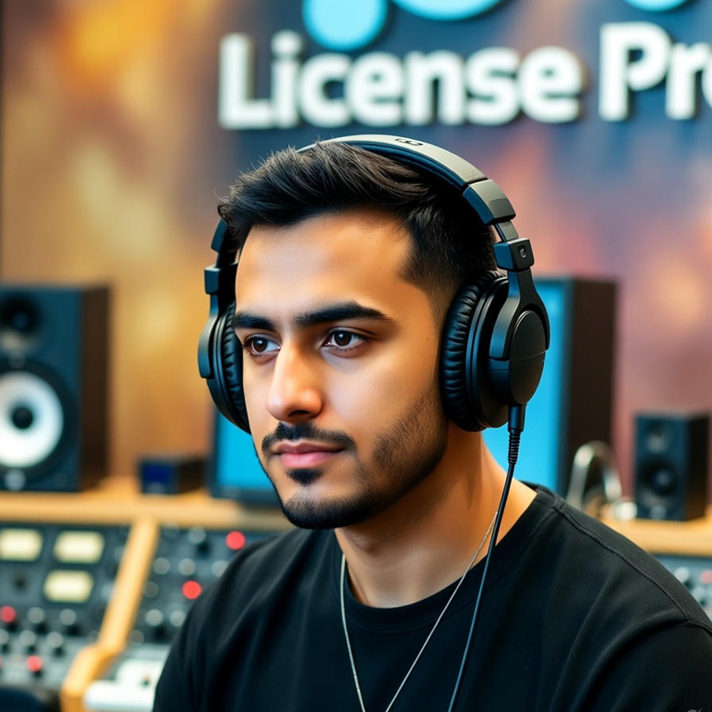 A music producer working in a recording studio with License Pro on the screen.